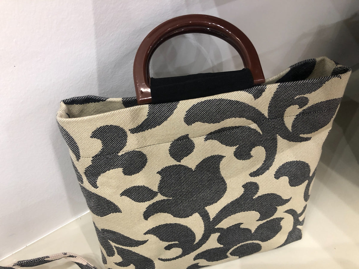 Borsa Wooden Flora in tessuto jacquard con manico in legno