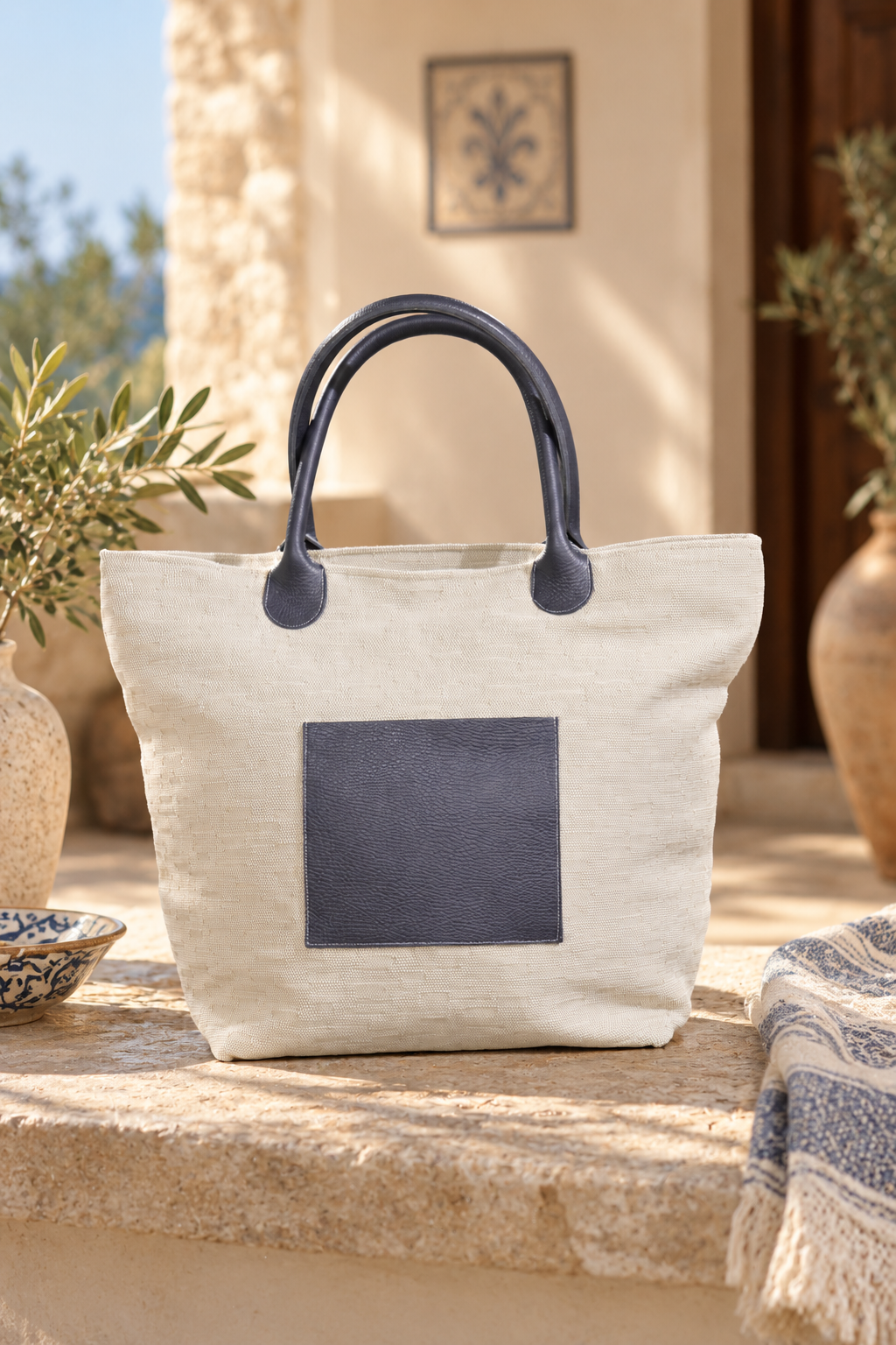 Borsa Artigianale in Lino e Cotone con Vera Pelle – Collezione Salento